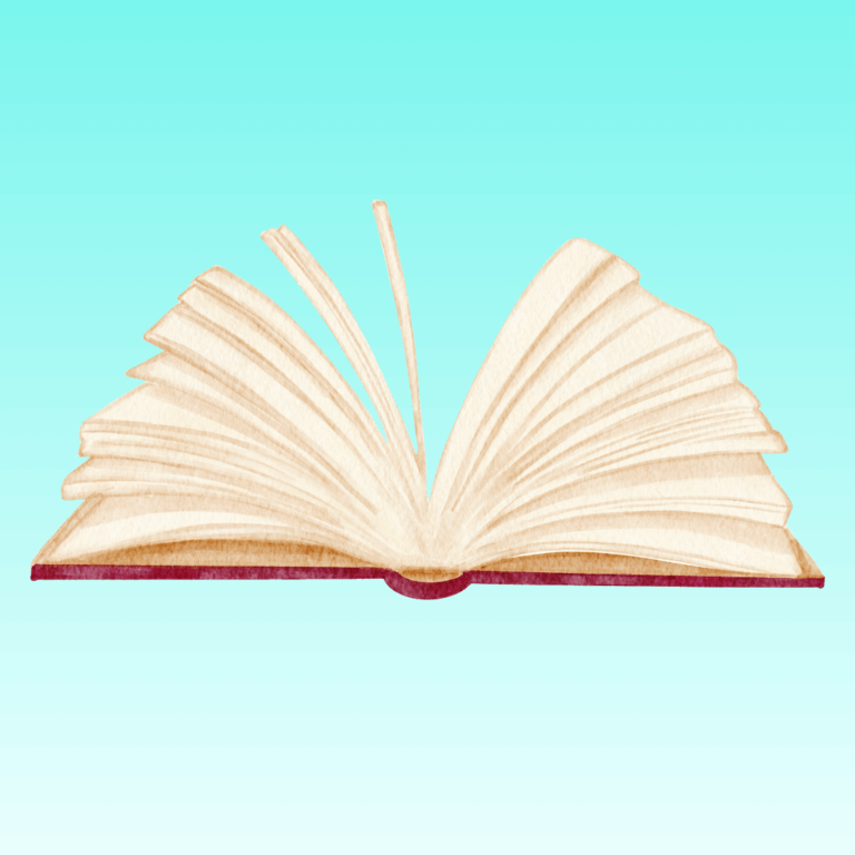 Pale blue square image with a drawing of a an open book in the centre