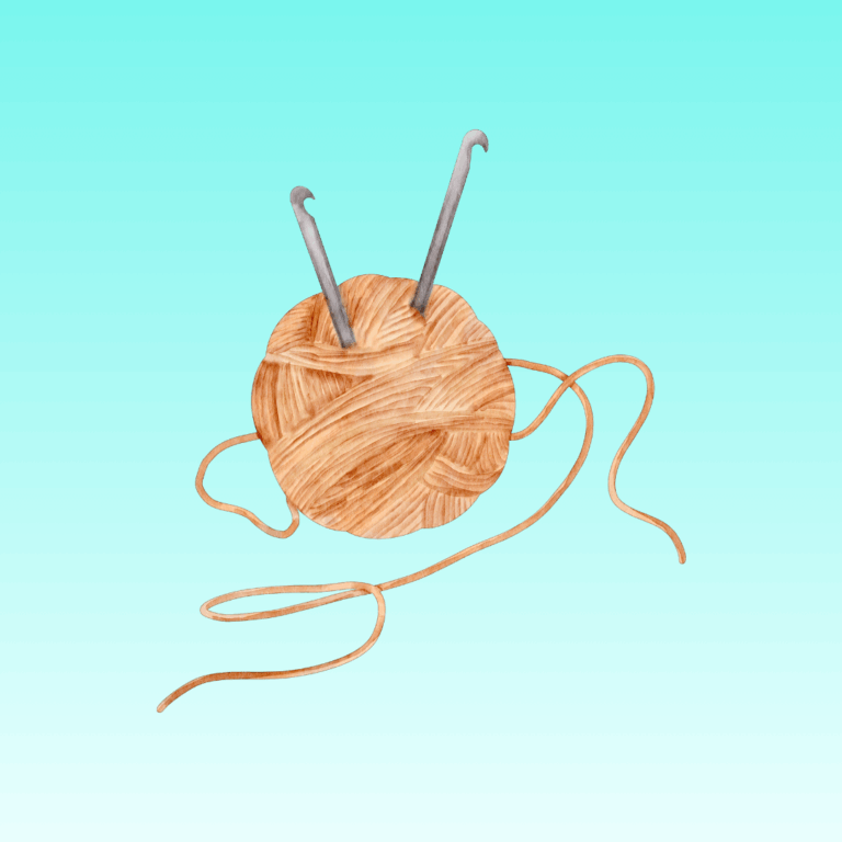 Pale blue square image with a drawing of a ball of brown will with two crochet needles in the centre