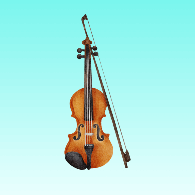 Pale blue square image with a drawing of a violin and bow in the centre