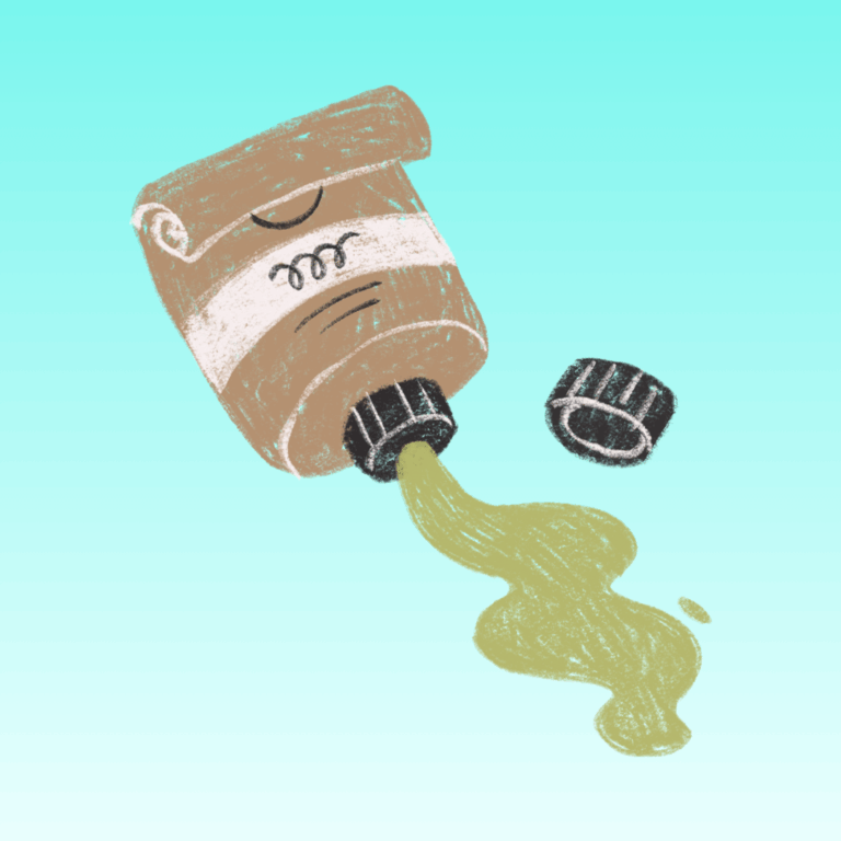 Pale blue square image with a drawing of an open tube of paint squirting green paint in the centre