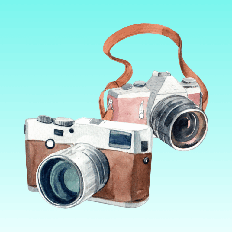 Pale blue square image with a drawing of two cameras in the centre