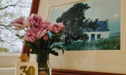 Framed photo of original cottage with flowers and a miniature easel with '30' painted on it